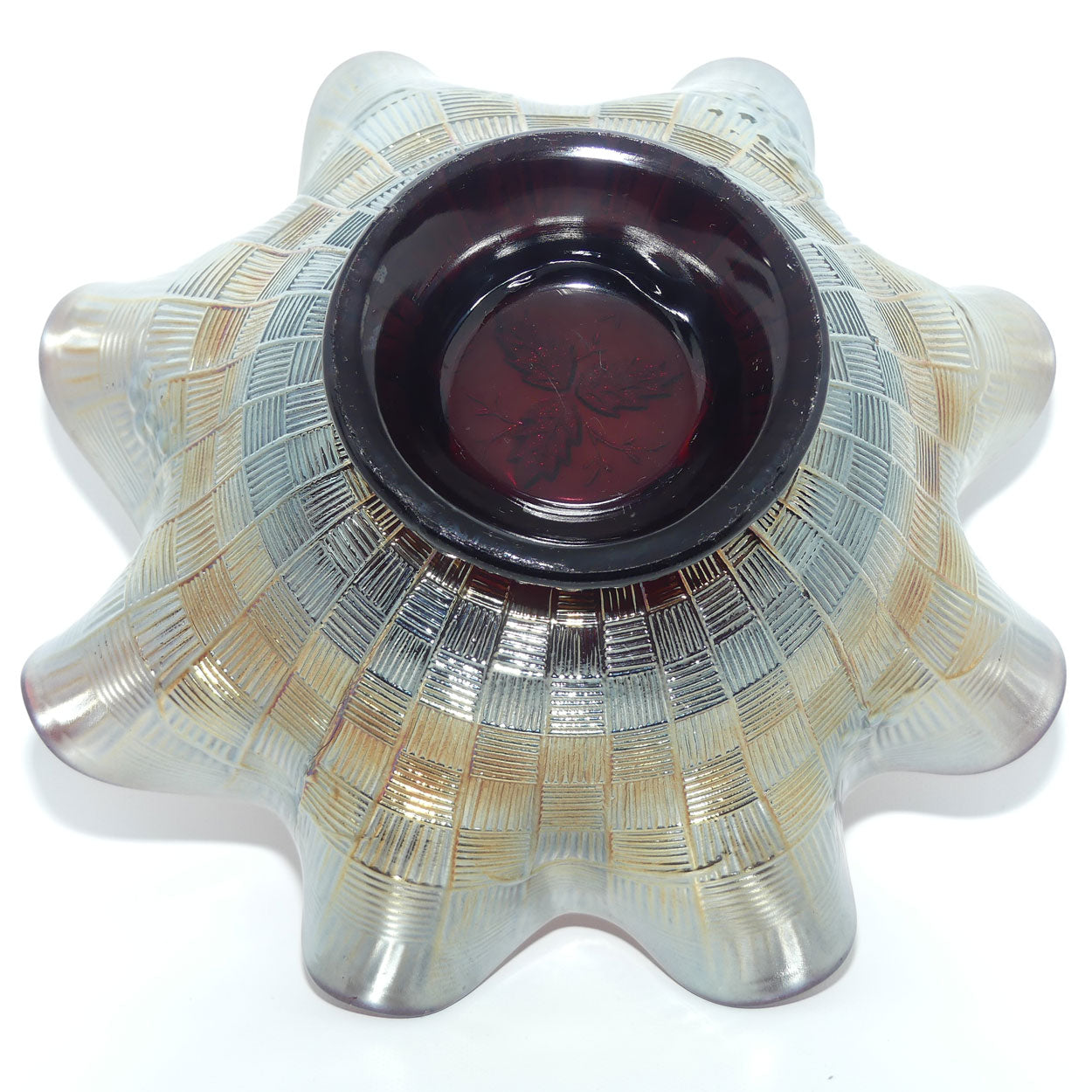 Northwood Carnival Glass Plum colour Cherries and Pears bowl | Lattice exterior