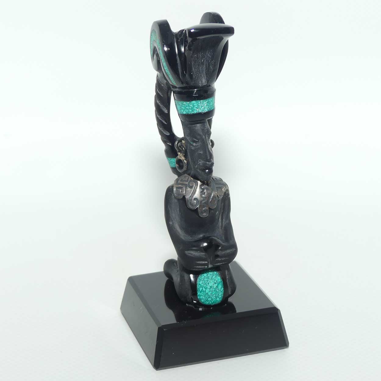 Aztec or Mayan Carving | Black Onyx and Malachite and Silver | figure represents the Month of December