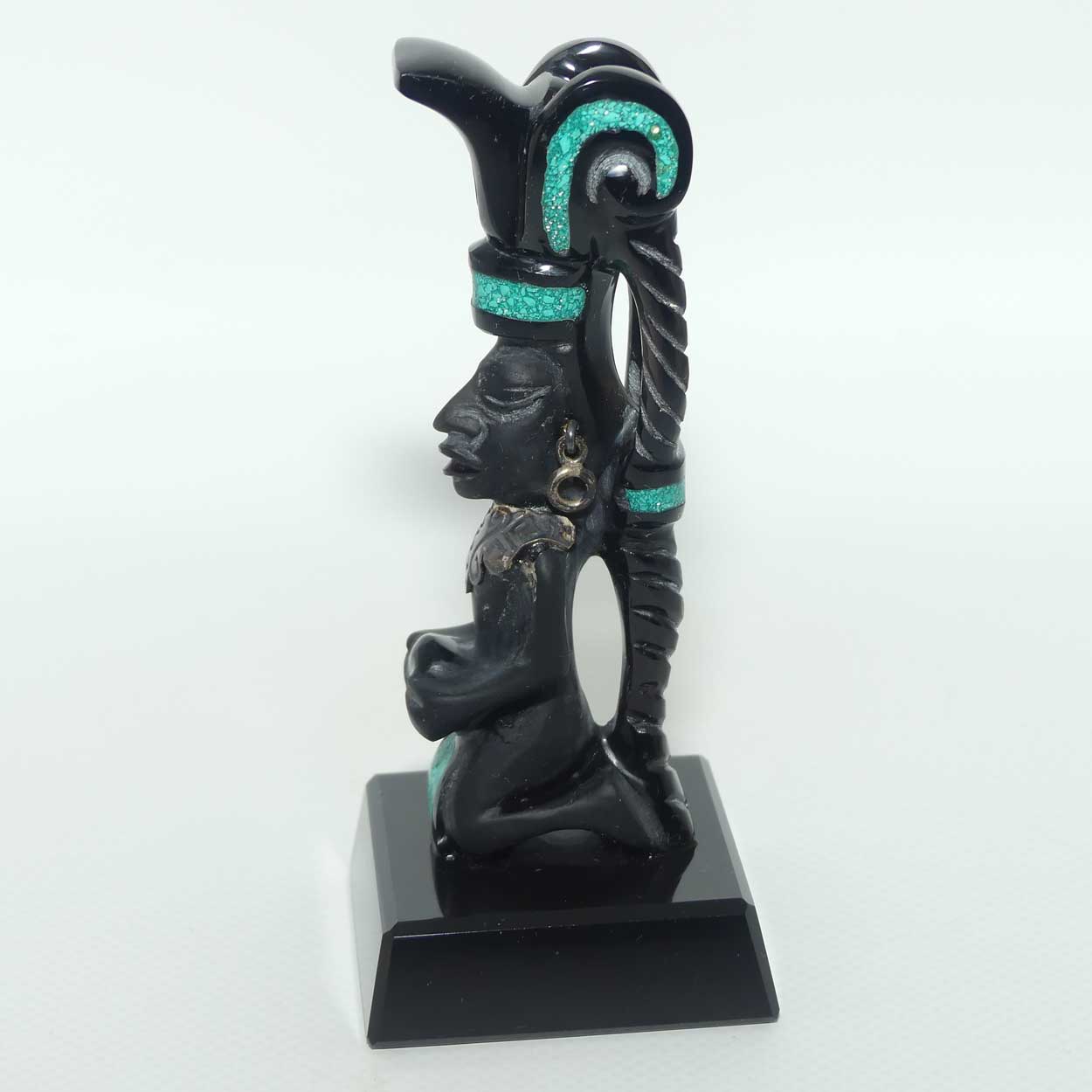 Aztec or Mayan Carving | Black Onyx and Malachite and Silver | figure represents the Month of December