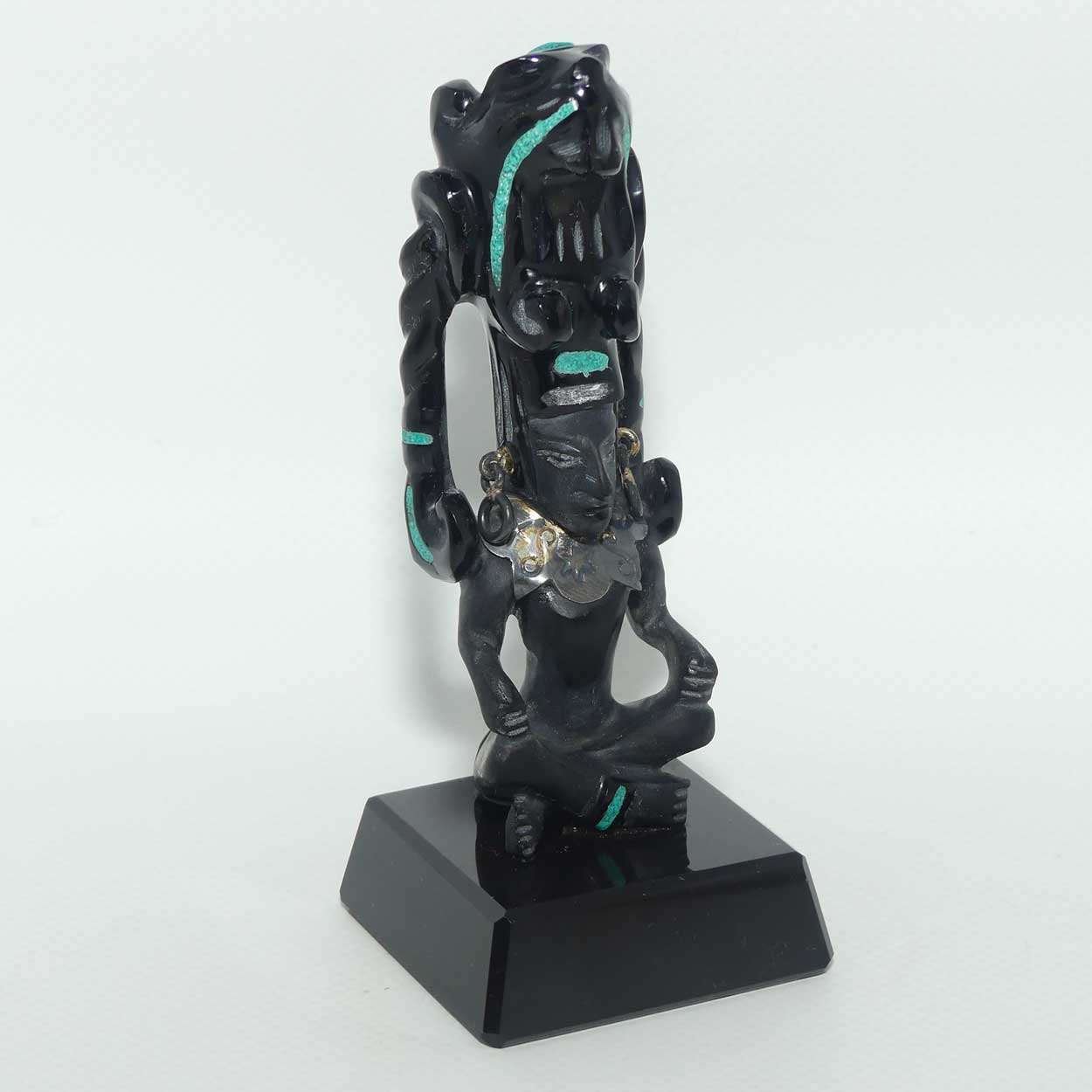 Aztec or Mayan Carving | Black Onyx and Malachite and Silver | figure represents the Month of May