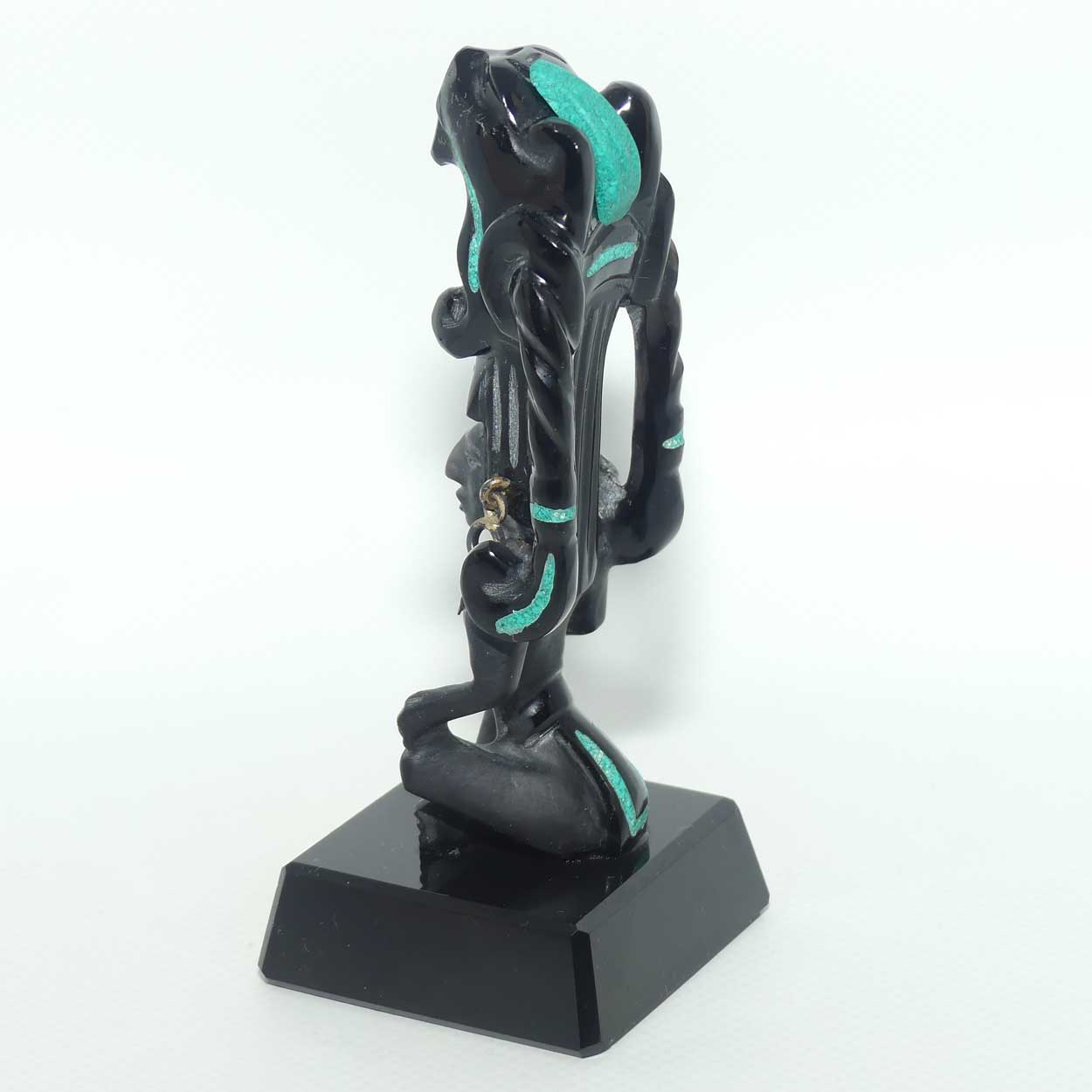 Aztec or Mayan Carving | Black Onyx and Malachite and Silver | figure represents the Month of May