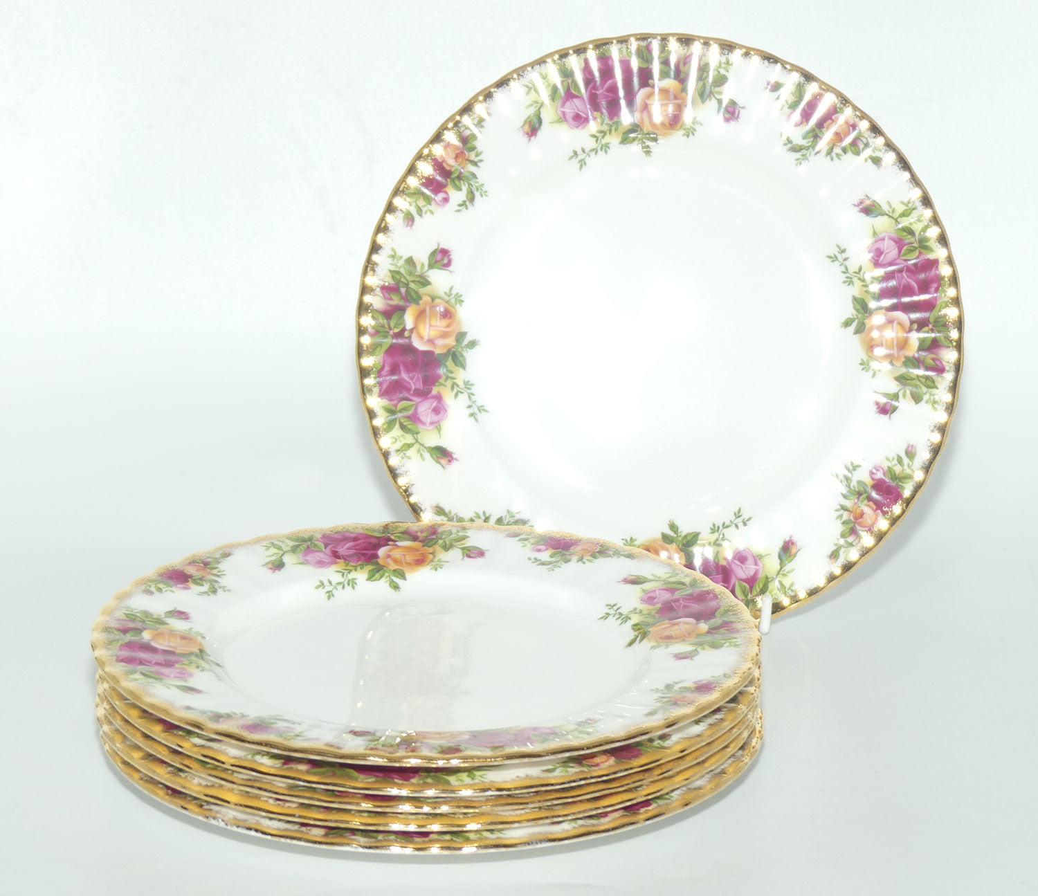 Royal Albert Bone China England Old Country Roses set of 6 Entree or Salad plates | 20.5cm diam | © 1962 Royal Albert Ltd backstamp