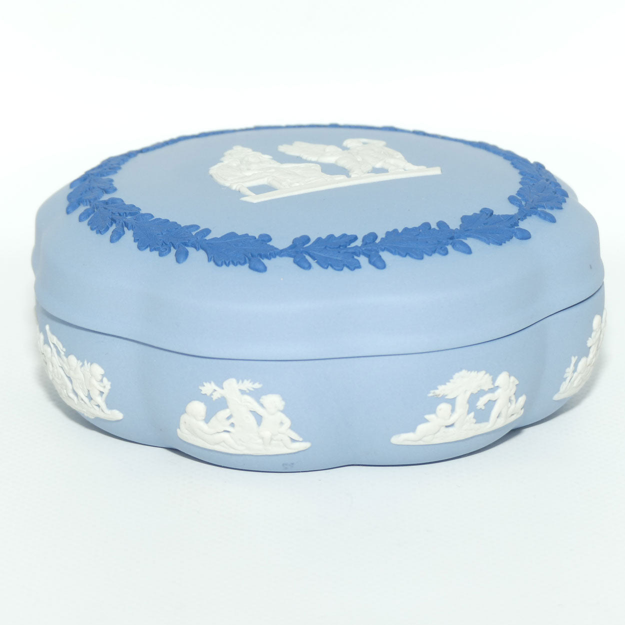 Wedgwood Jasper | Dark Blue and White on Pale Blue round shape powder bowl | 13cm diam
