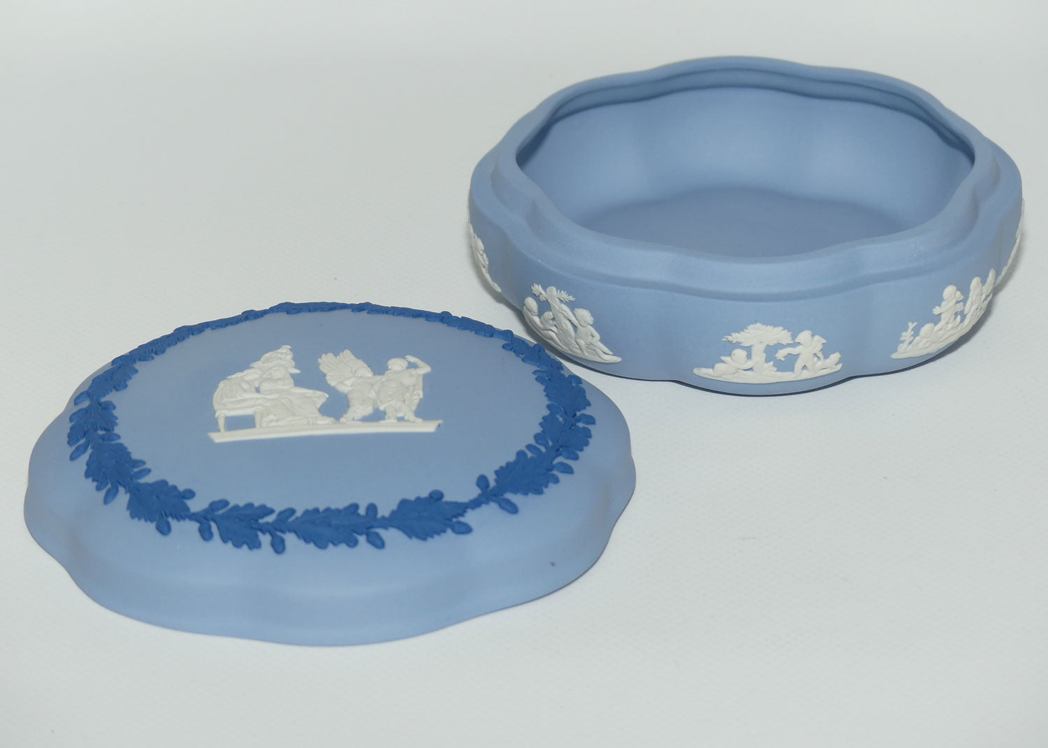 Wedgwood Jasper | Dark Blue and White on Pale Blue round shape powder bowl | 13cm diam