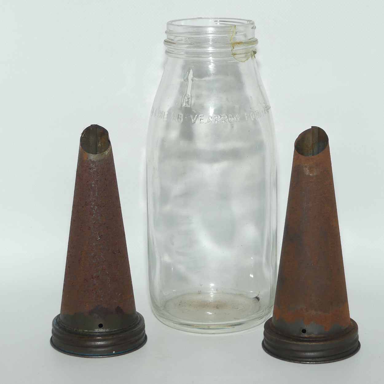 Vintage Imperial Quart Glass Oil Bottle | Crown Mark | 2 rusted metal tops