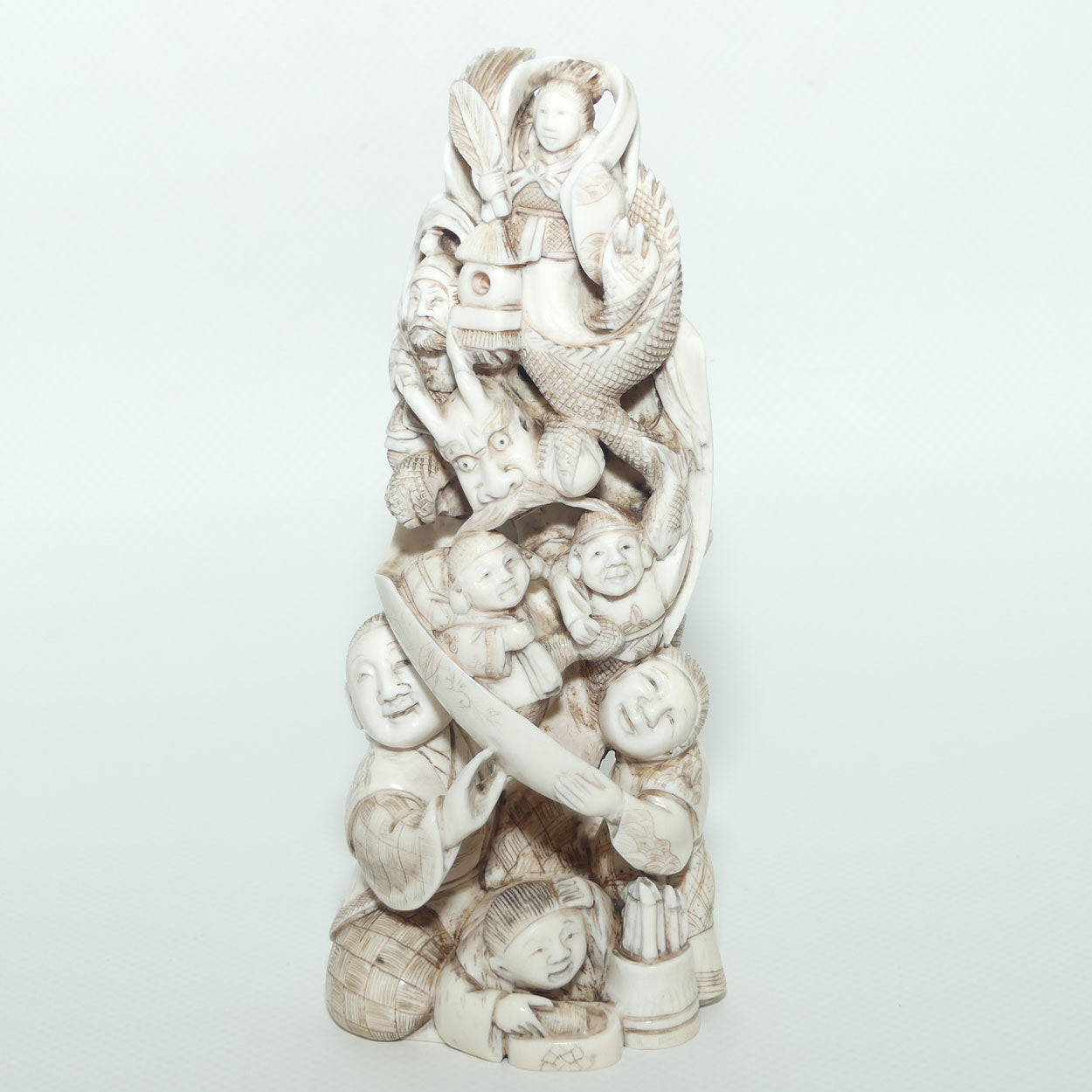 Japanese Carved Ivory Okimono figure | Many Characters and Mythical Figures | Meiji period | signed
