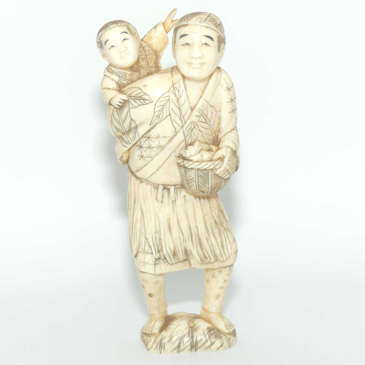 Japanese Carved Ivory Okimono figure | Father and Son Fisherman