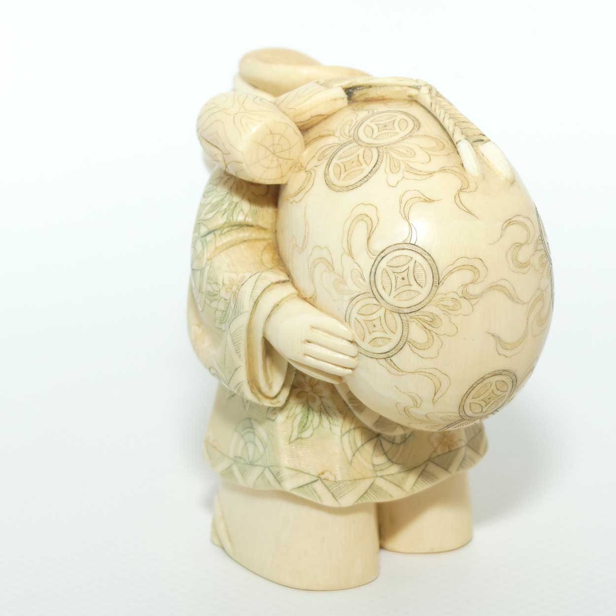 Japanese Carved Ivory Okimono figure | Travelling Man Carrying large Sack