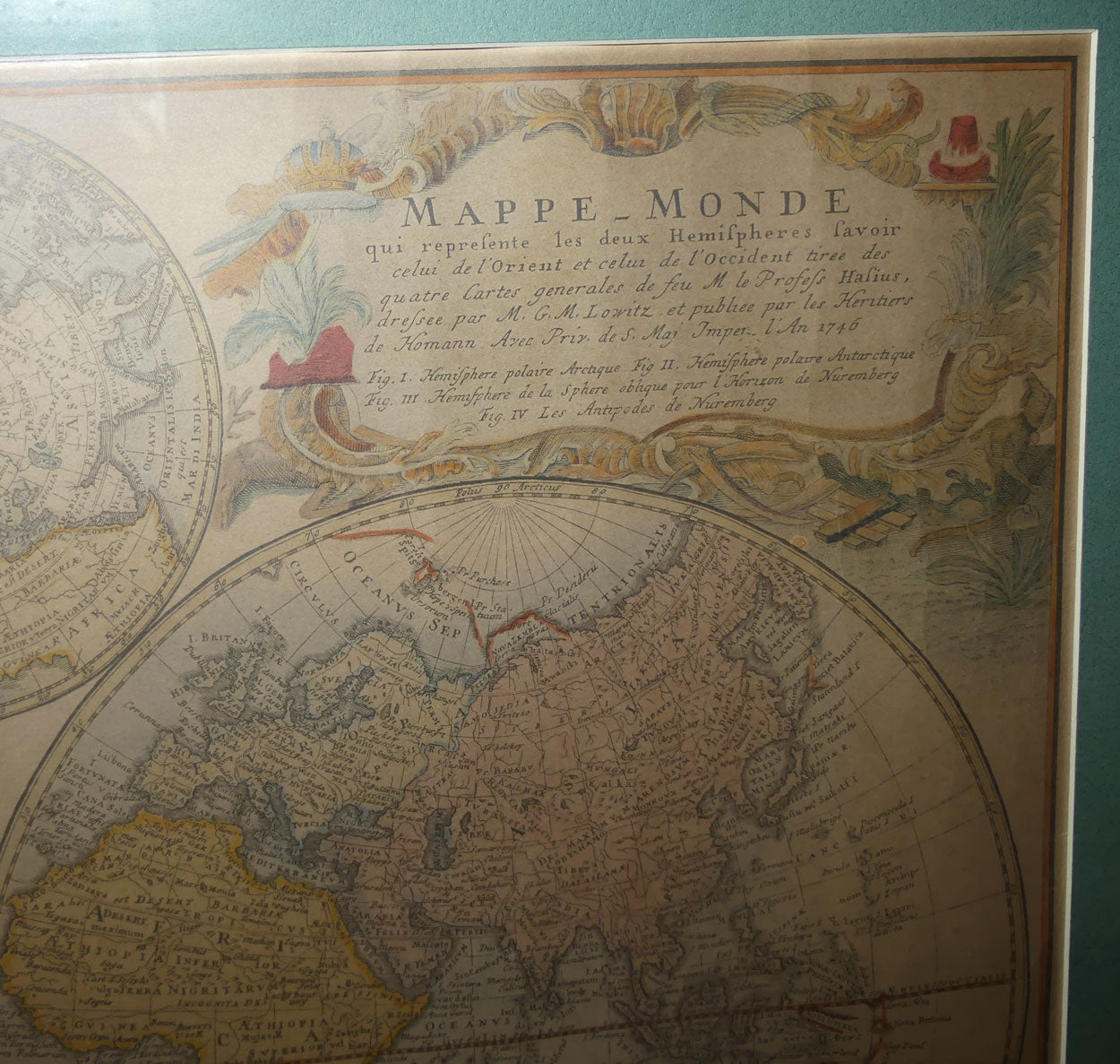 Large Framed Antiquarian Print | Planiglobii Terrestris Mappa Universalis | Artist: Johann Baptist Homann