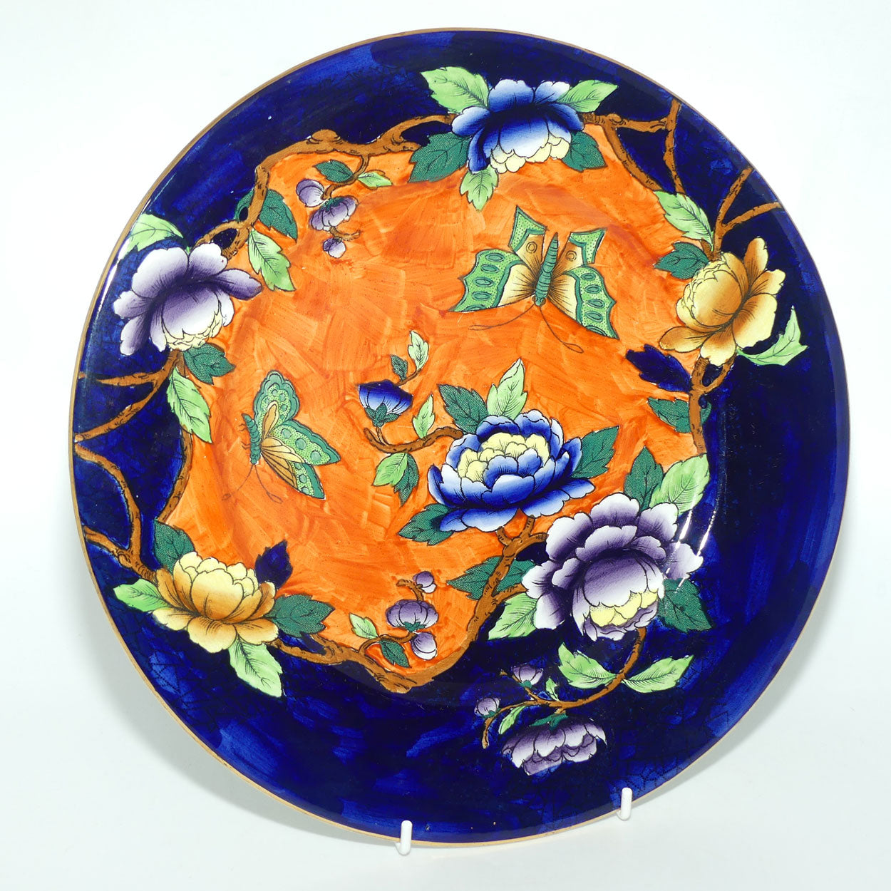 Maling plate Art Deco hand enamelled Butterfly and Peony plate 5028 | Orange Ground and Blue Border
