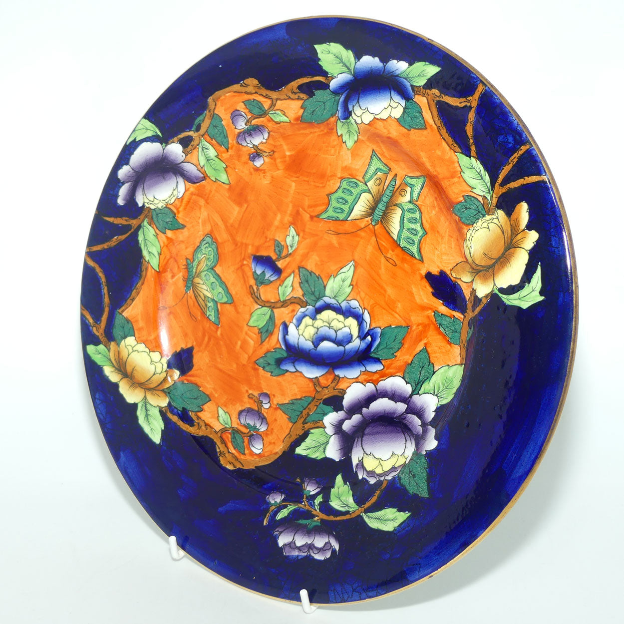 Maling plate Art Deco hand enamelled Butterfly and Peony plate 5028 | Orange Ground and Blue Border