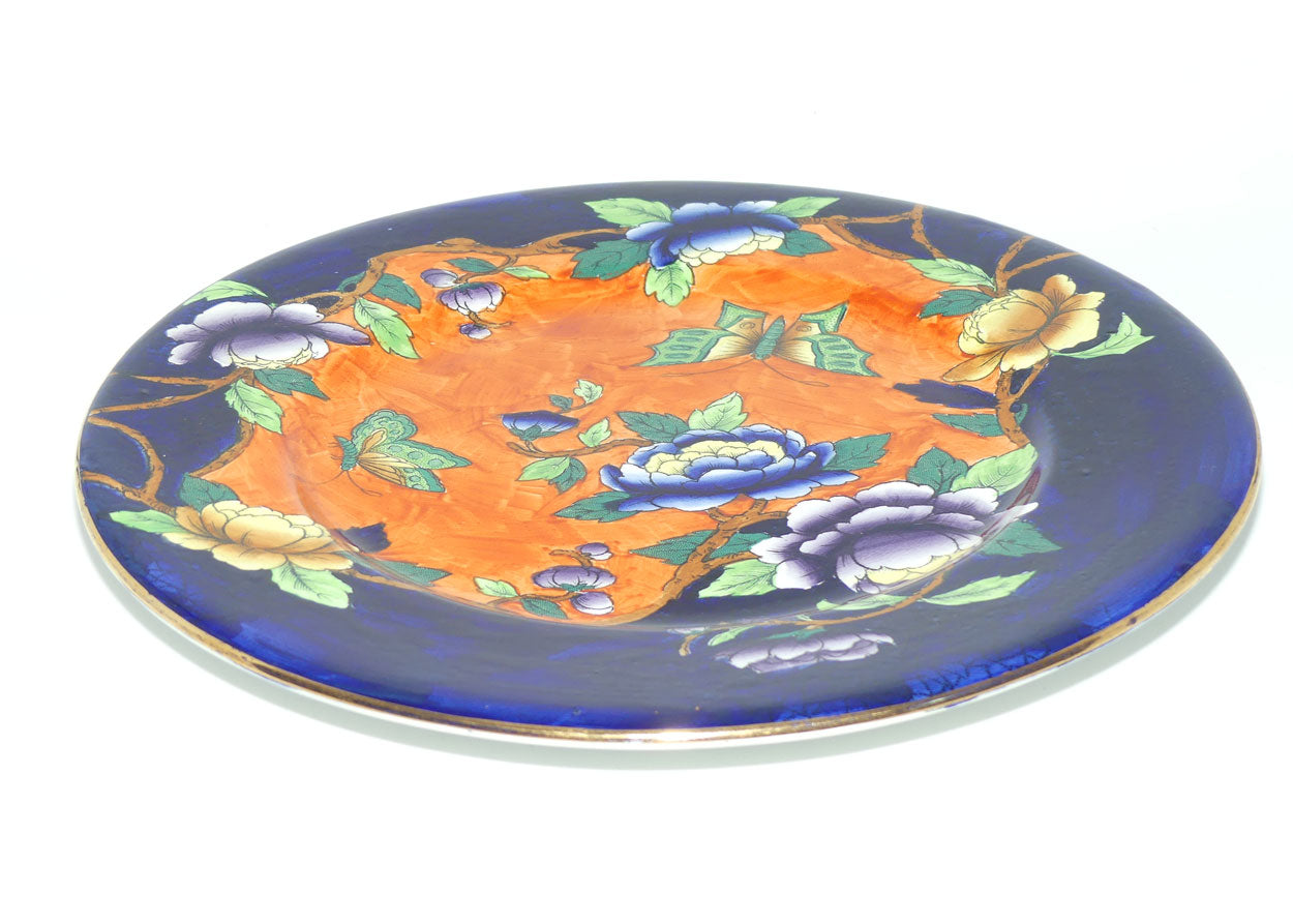 Maling plate Art Deco hand enamelled Butterfly and Peony plate 5028 | Orange Ground and Blue Border