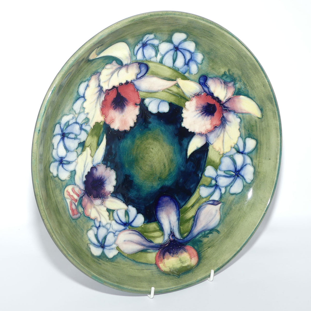 William Moorcroft Orchid on Light Green transition to Blue Ground shallow round bowl | 31.5cms diam