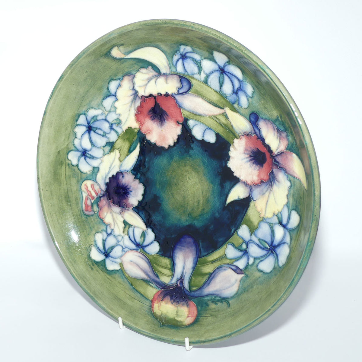 William Moorcroft Orchid on Light Green transition to Blue Ground shallow round bowl | 31.5cms diam