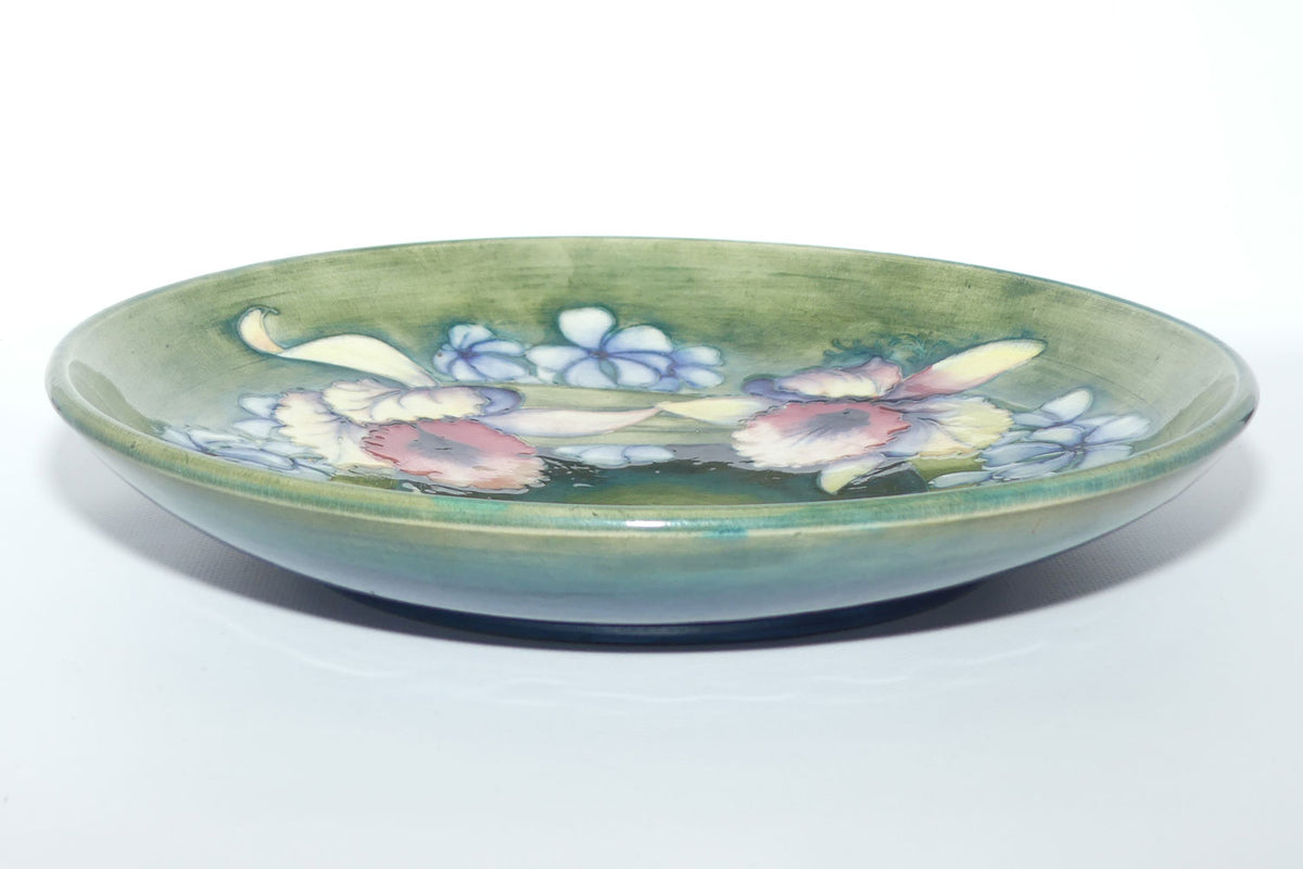William Moorcroft Orchid on Light Green transition to Blue Ground shallow round bowl | 31.5cms diam