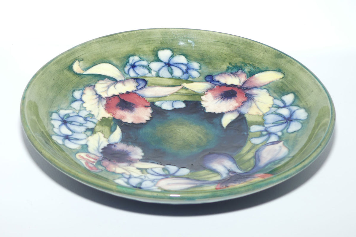 William Moorcroft Orchid on Light Green transition to Blue Ground shallow round bowl | 31.5cms diam