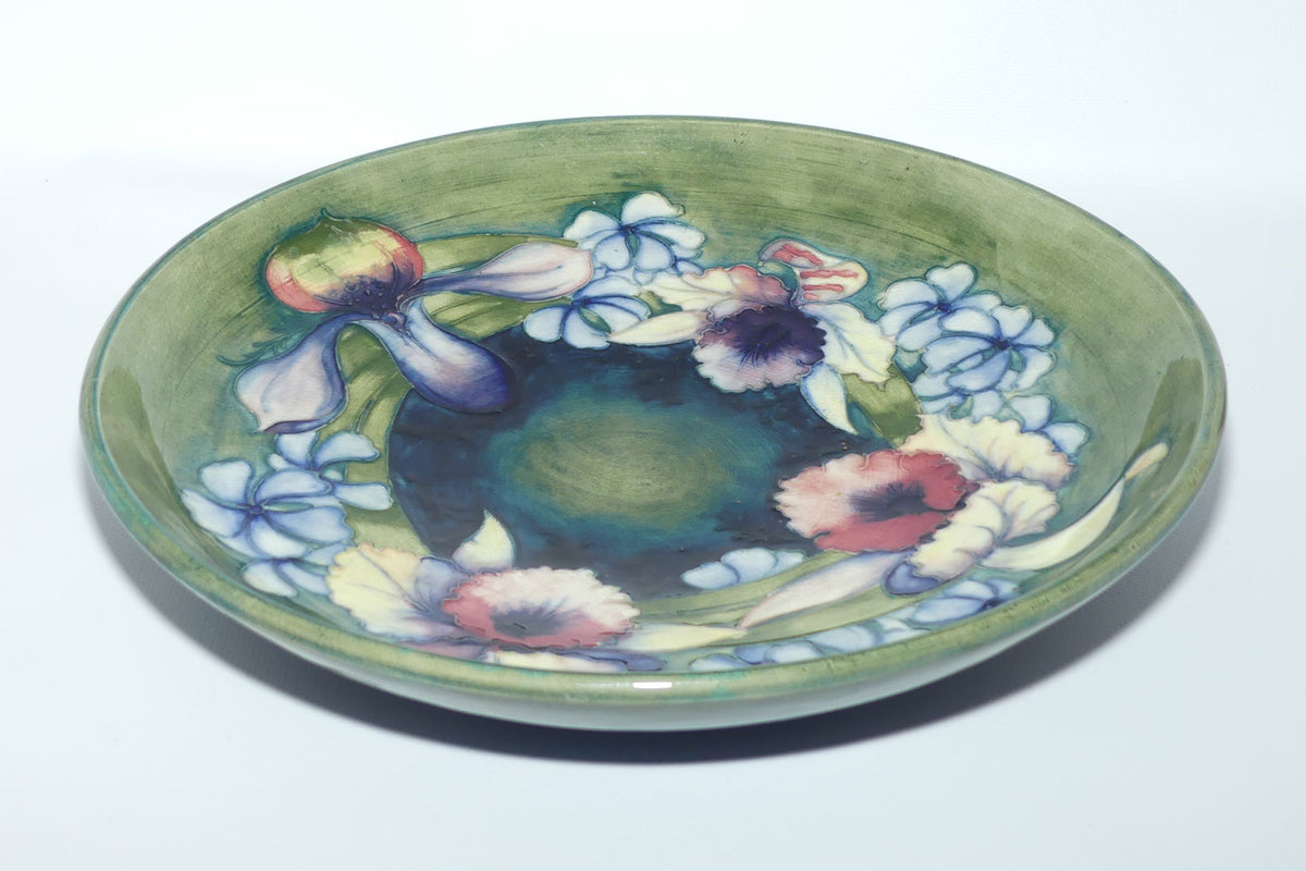 William Moorcroft Orchid on Light Green transition to Blue Ground shallow round bowl | 31.5cms diam