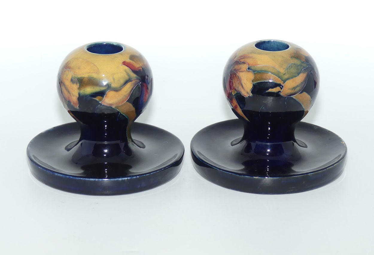 William Moorcroft Orchid on Ochre Ground Globular candlesticks