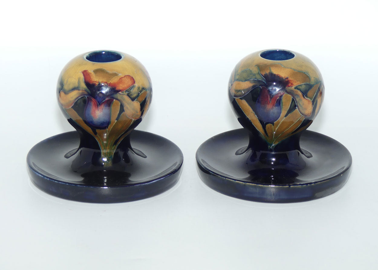 William Moorcroft Orchid on Ochre Ground Globular candlesticks