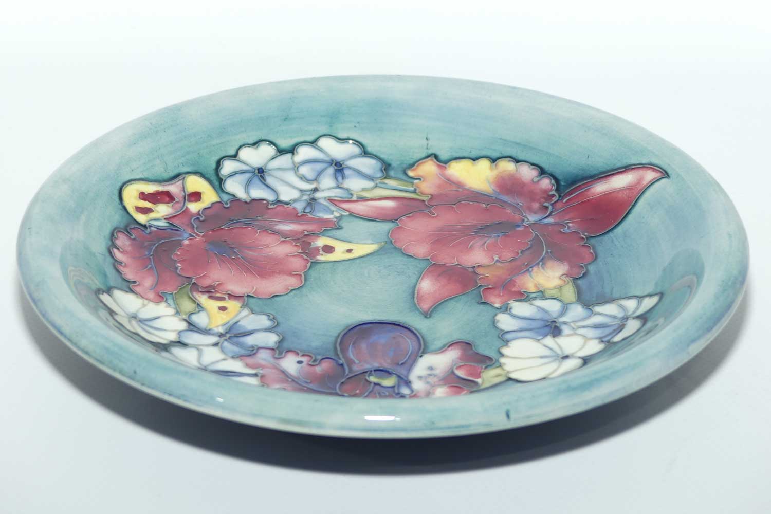 Walter Moorcroft Orchid on Teal Ground shallow bowl | 22cms diam