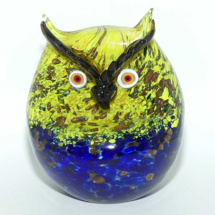 Murano Glass Owl figure | 16cm | Blue and Yellow and Gold Fleck