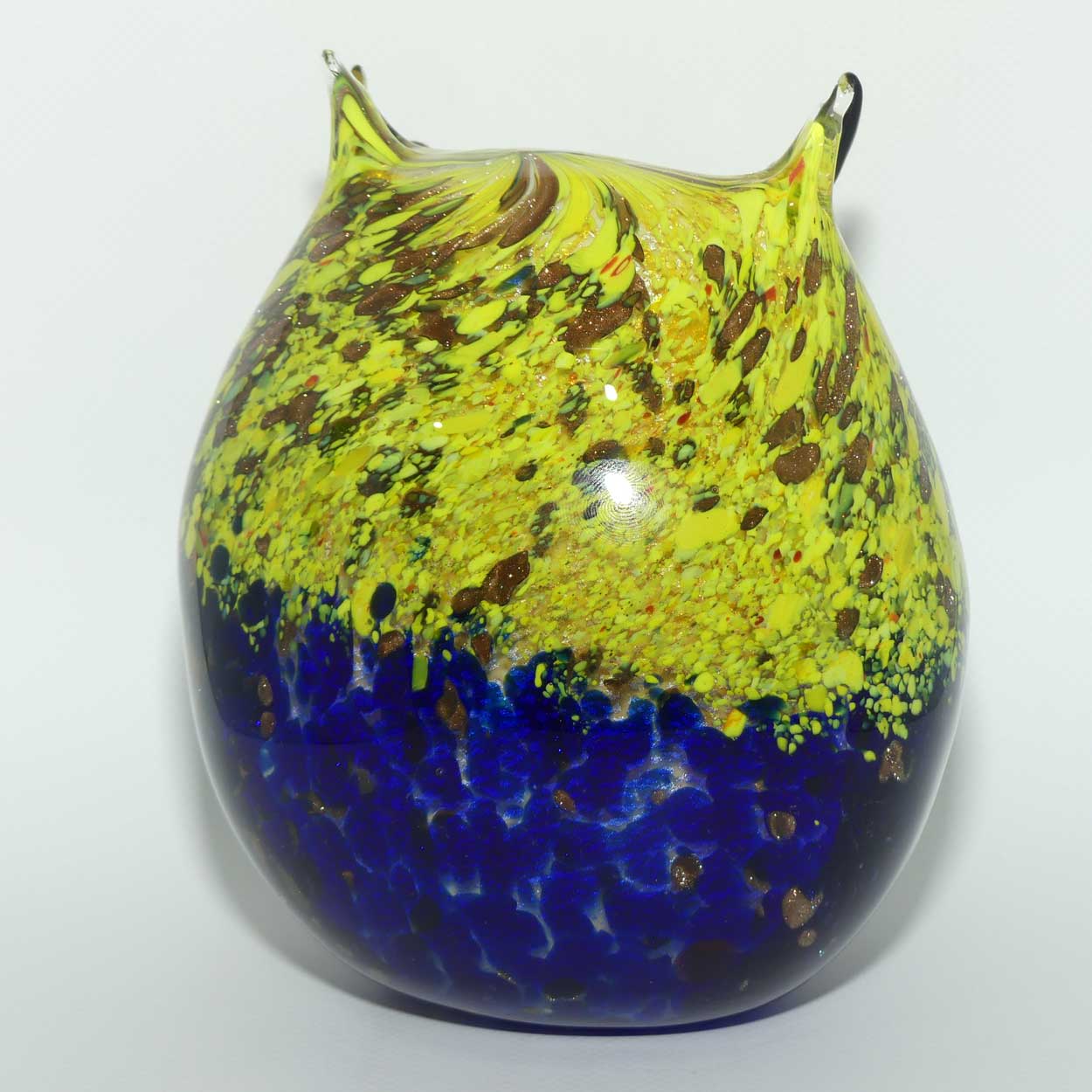 Murano Glass Owl figure | 16cm | Blue and Yellow and Gold Fleck