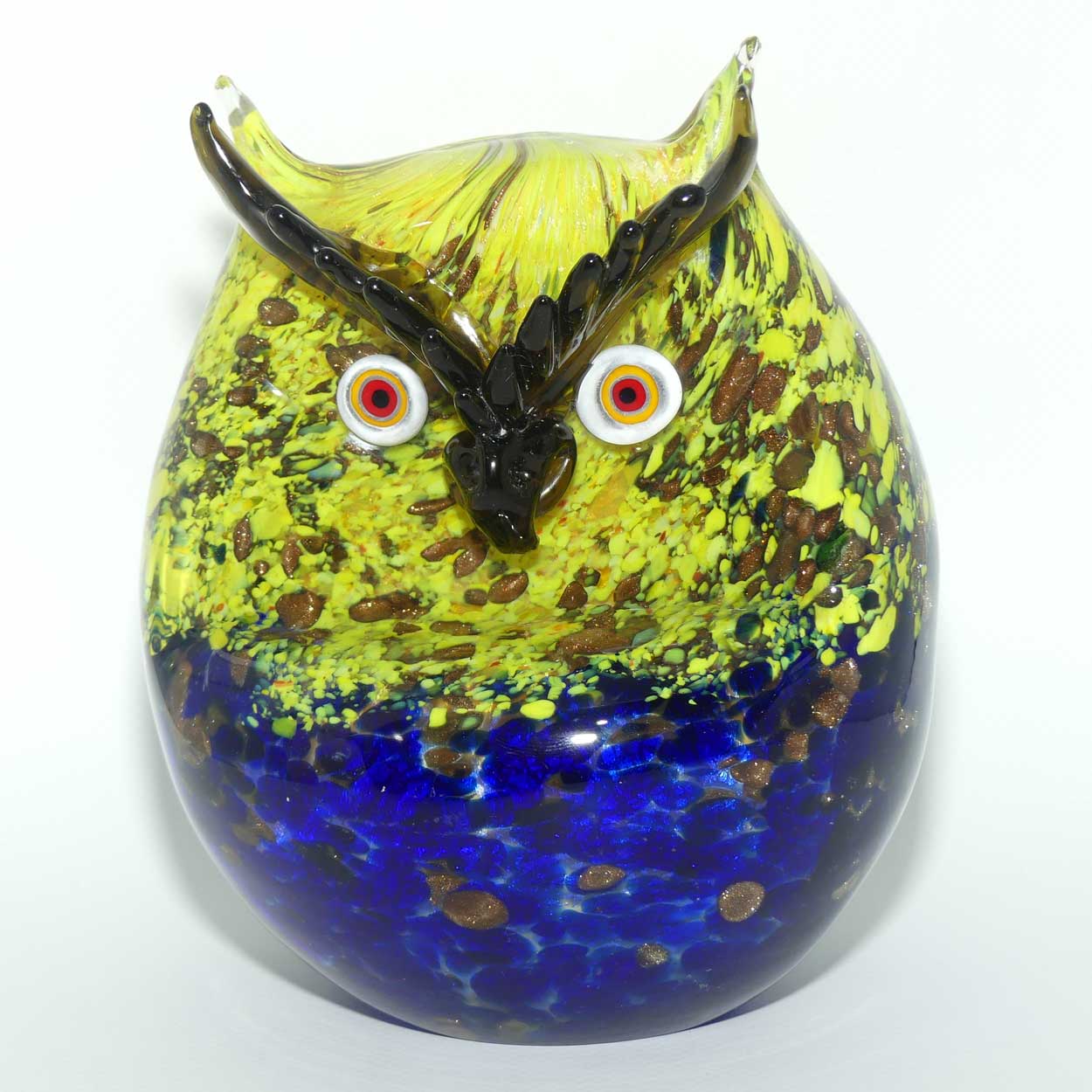 Murano Glass Owl figure | 16cm | Blue and Yellow and Gold Fleck