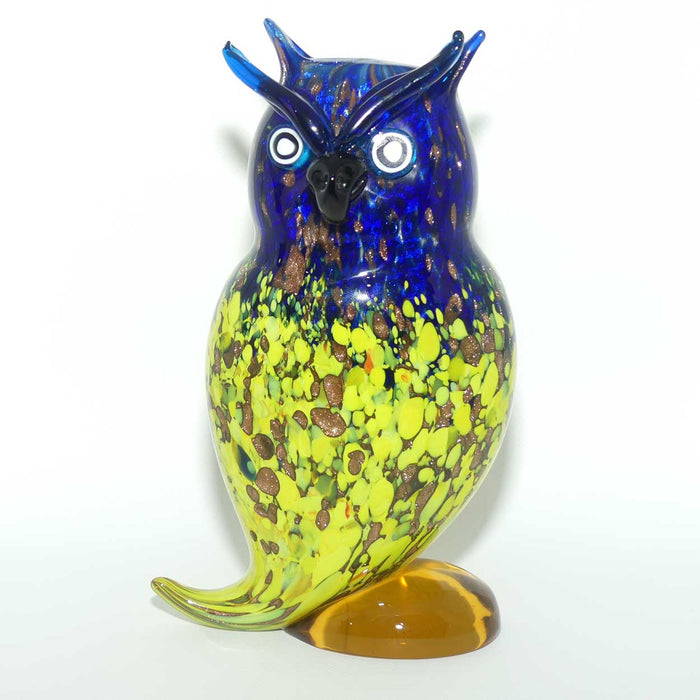 Murano Glass Owl figure | 23cm | Blue and Yellow and Gold Fleck | Blue Eyebrows