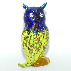 Murano Glass Owl figure | 23cm | Blue and Yellow and Gold Fleck | Blue Eyebrows