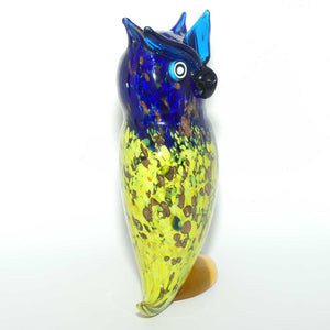 Murano Glass Owl figure | 23cm | Blue and Yellow and Gold Fleck | Blue Eyebrows