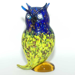 Murano Glass Owl figure | 23cm | Blue and Yellow and Gold Fleck | Blue Eyebrows