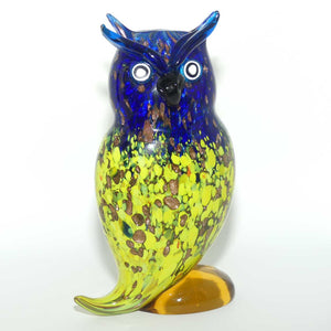 Murano Glass Owl figure | 23cm | Blue and Yellow and Gold Fleck | Blue Eyebrows