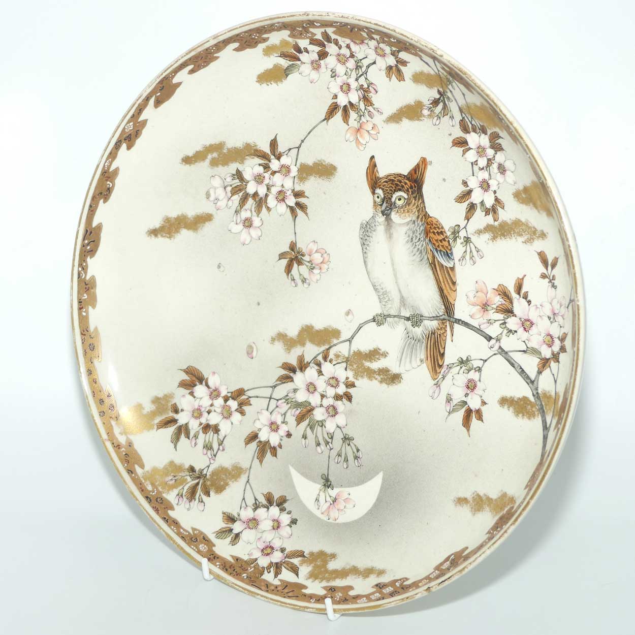 Antique Japanese Satsuma charger decorated with an Owl amongst Cherry Blossoms