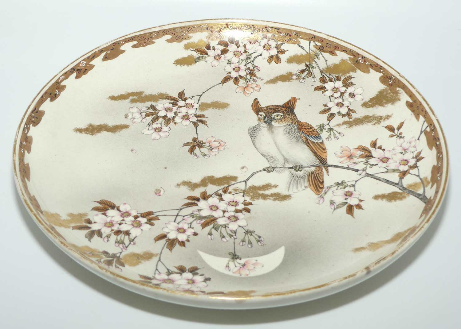 Antique Japanese Satsuma charger decorated with an Owl amongst Cherry Blossoms
