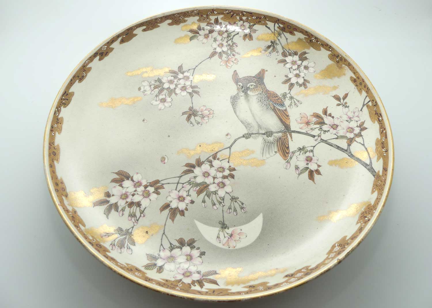 Antique Japanese Satsuma charger decorated with an Owl amongst Cherry Blossoms