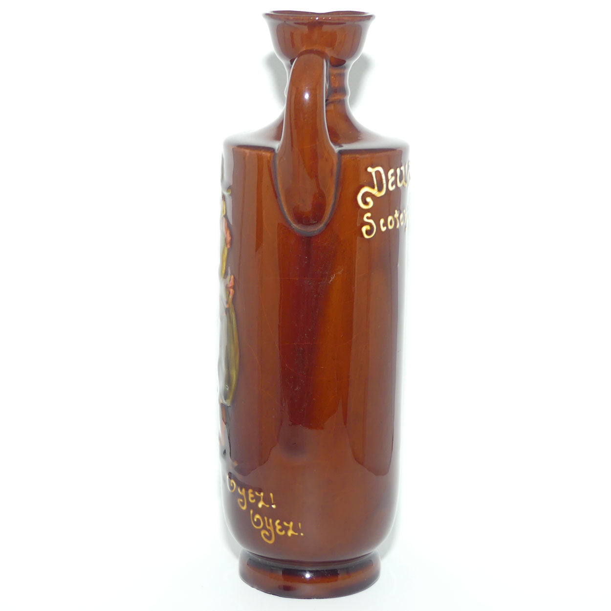 Royal Doulton Kingsware Oyez Oyez tall cylindrical flask | Dewars Scotch Whisky