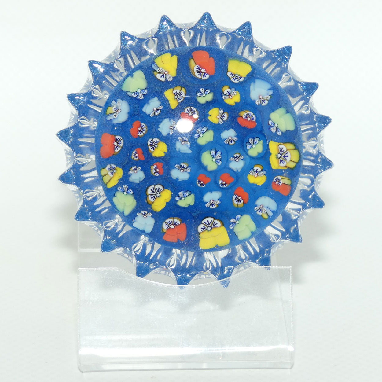 John Deacons Scotland Millefiori Pansy paperweight | Pacific Blue | Ribbed