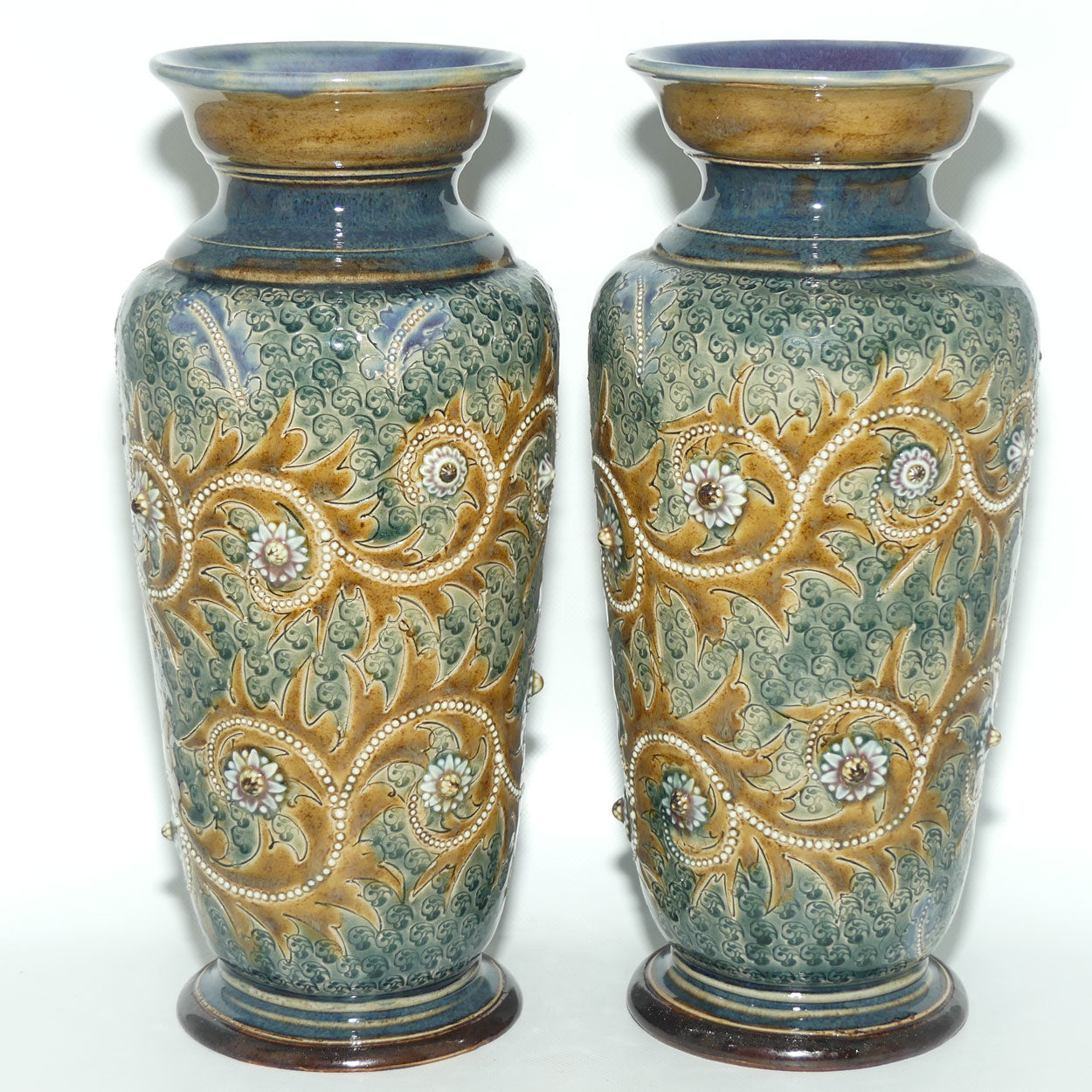 Doulton Lambeth George Tinworth stoneware pair of conical vases with applied baguette beads and foliage