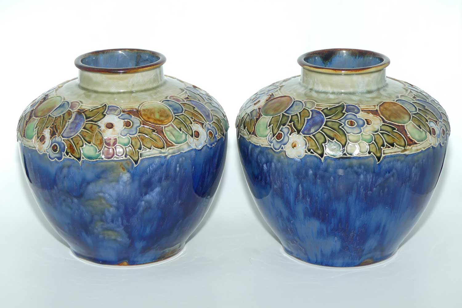 Royal Doulton pair of stoneware Floral border large ball vases by Lily Partington | Blue Ground | 8689