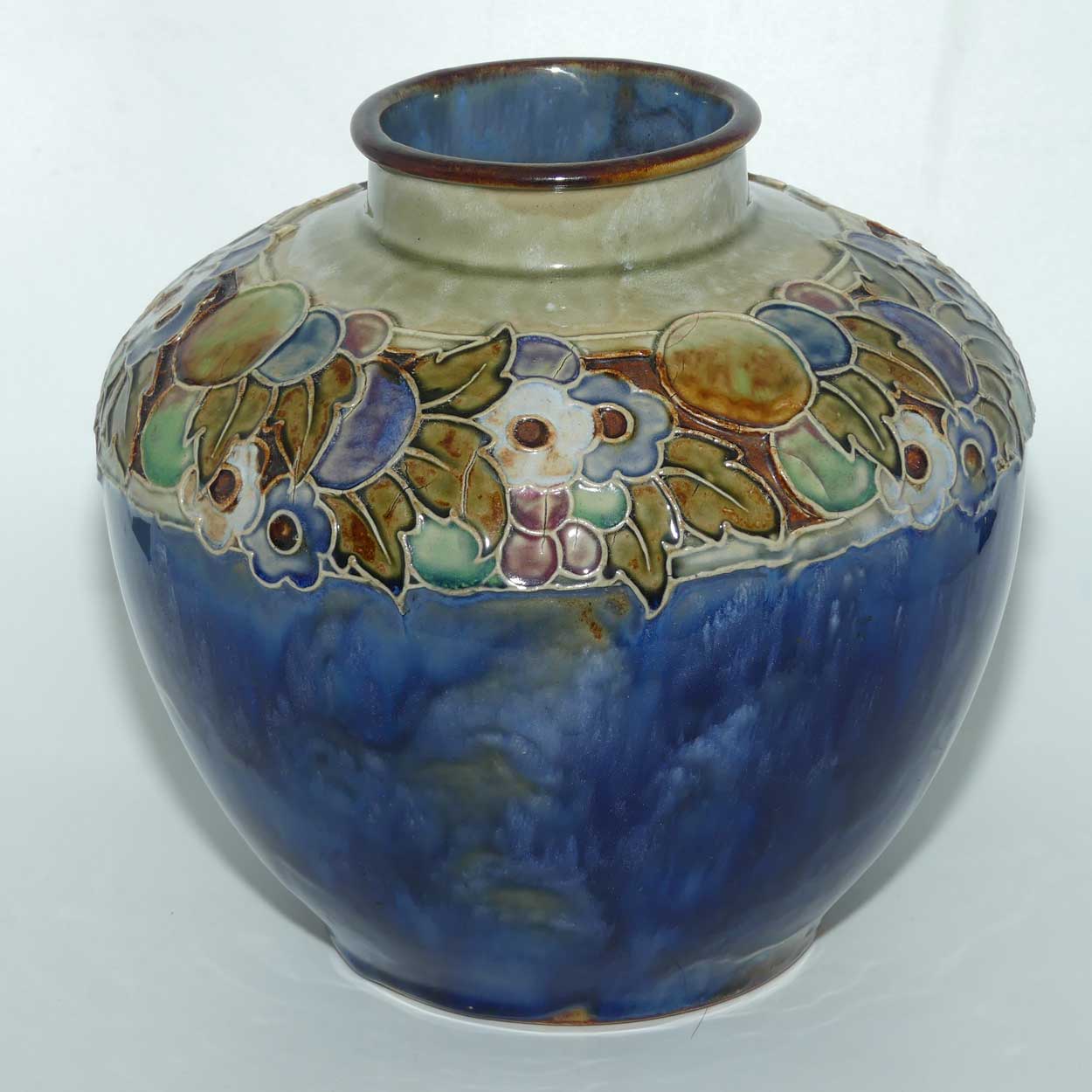 Royal Doulton pair of stoneware Floral border large ball vases by Lily Partington | Blue Ground | 8689