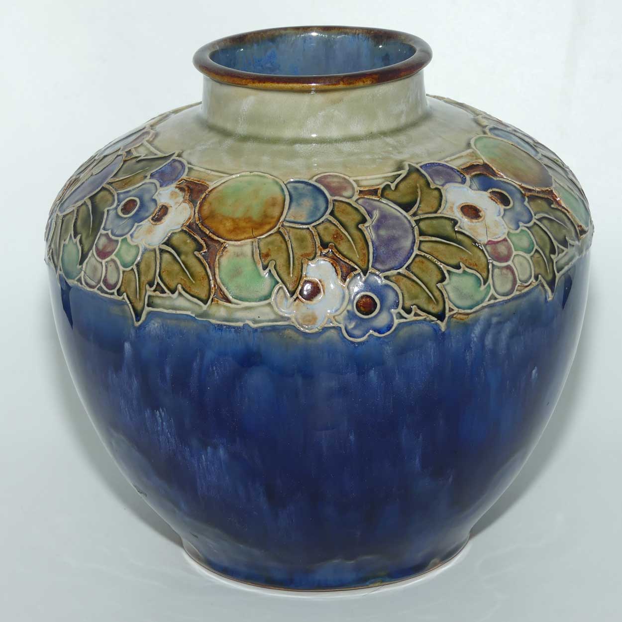 Royal Doulton pair of stoneware Floral border large ball vases by Lily Partington | Blue Ground | 8689