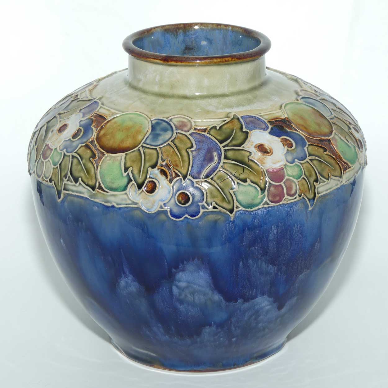 Royal Doulton pair of stoneware Floral border large ball vases by Lily Partington | Blue Ground | 8689