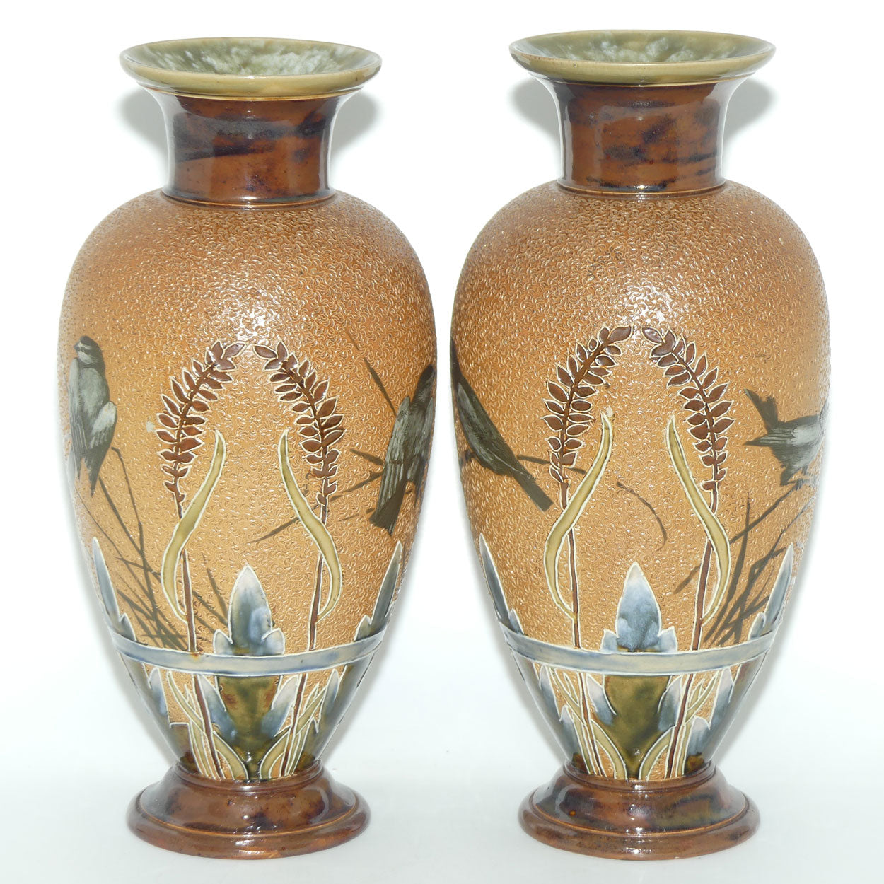 Doulton Lambeth Florence Barlow decorated pair of stoneware Vases featuring Birds amongst Ferns