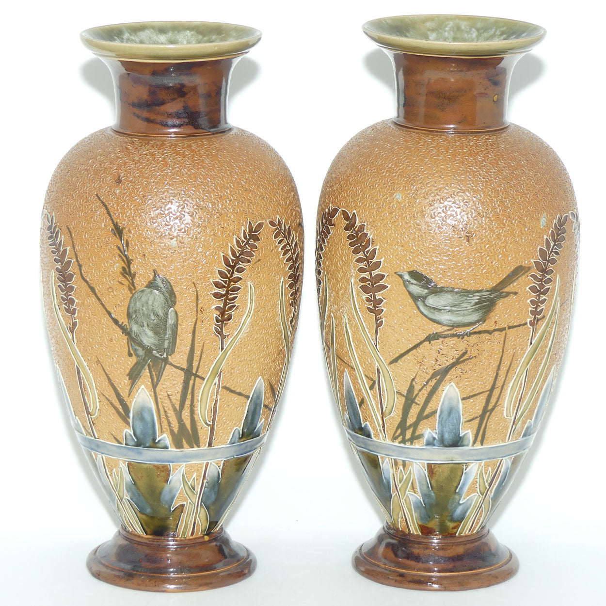 Doulton Lambeth Florence Barlow decorated pair of stoneware Vases featuring Birds amongst Ferns