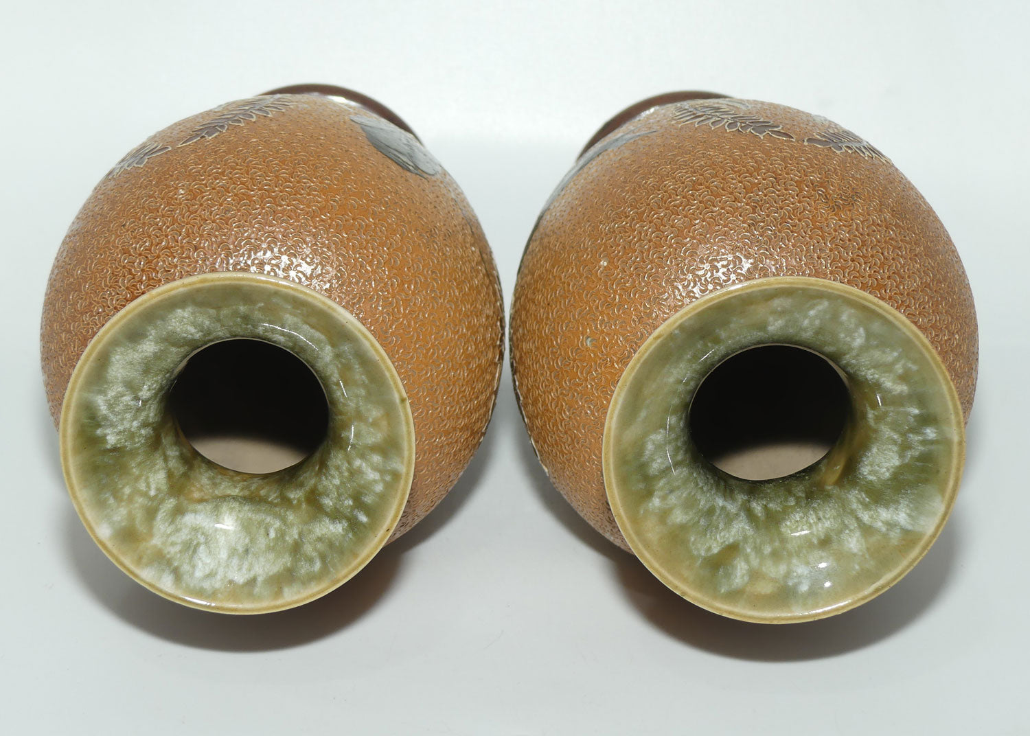 Doulton Lambeth Florence Barlow decorated pair of stoneware Vases featuring Birds amongst Ferns