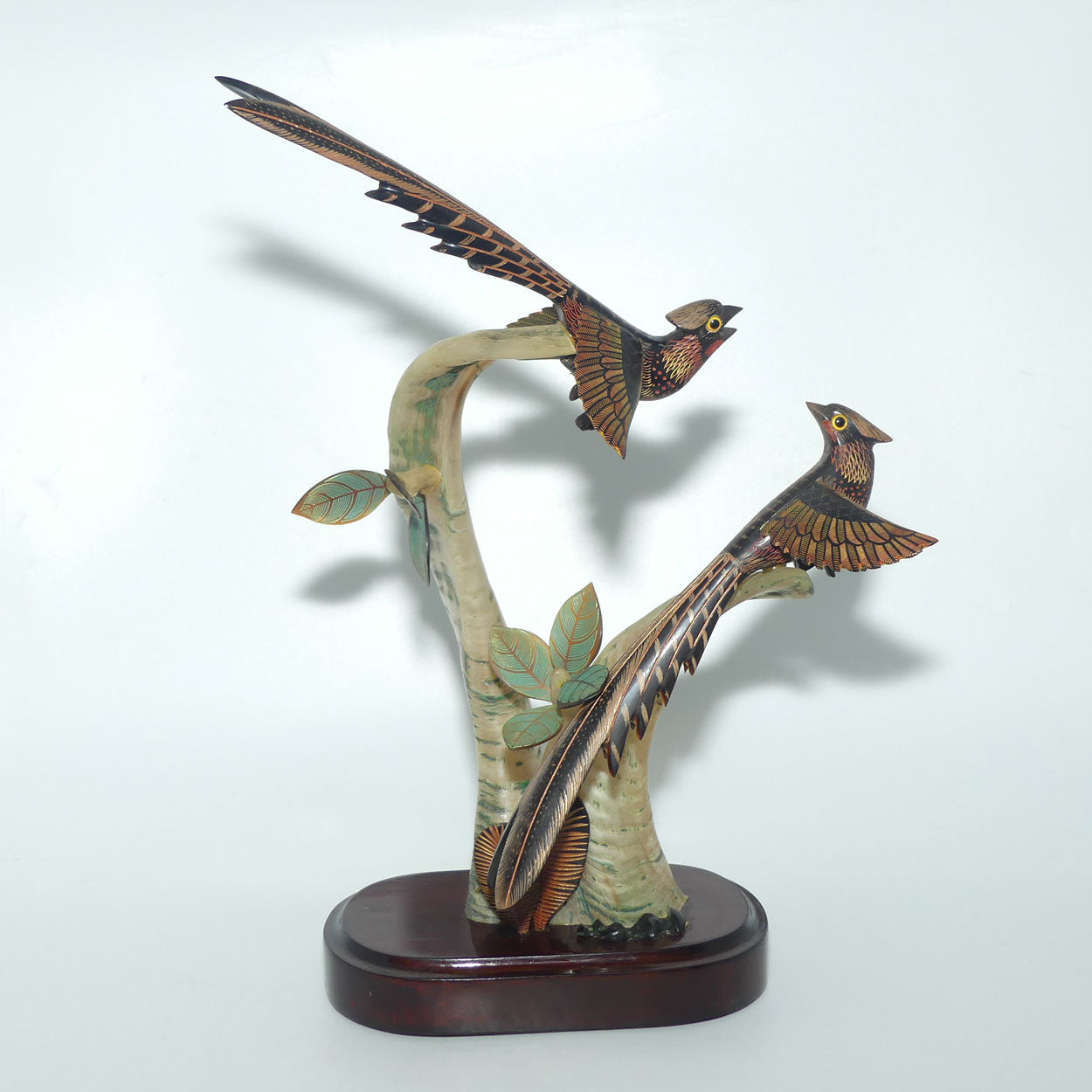 Vintage Carved pair of Birds in Tree on Wooden base | Both carved from Horn
