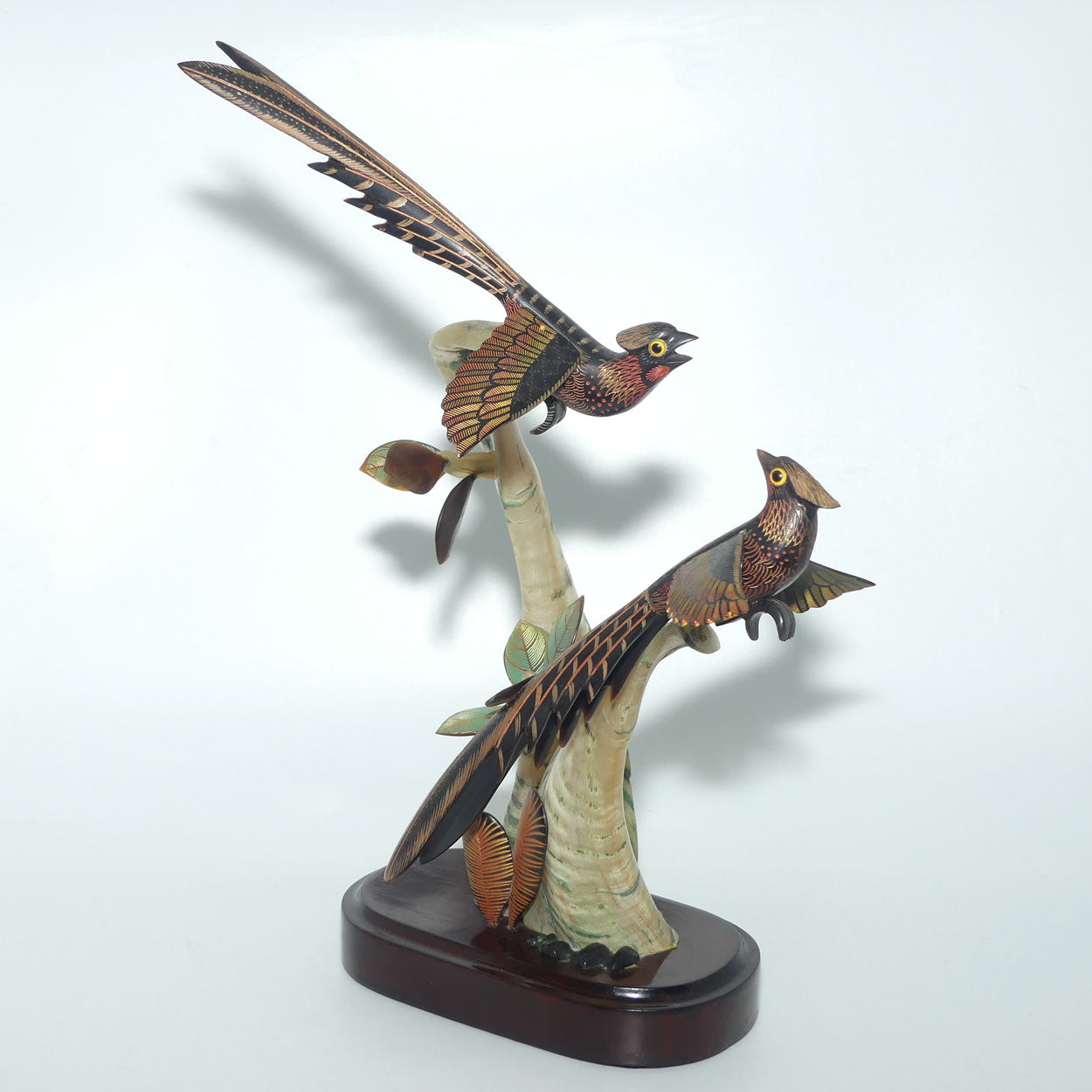 Vintage Carved pair of Birds in Tree on Wooden base | Both carved from Horn
