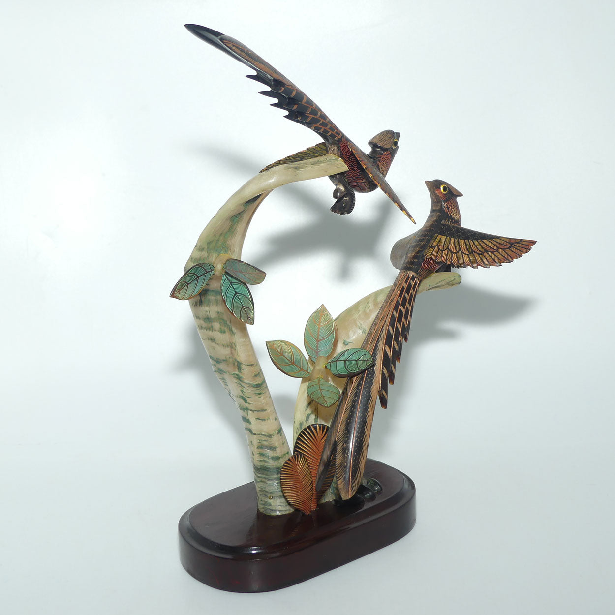 Vintage Carved pair of Birds in Tree on Wooden base | Both carved from Horn