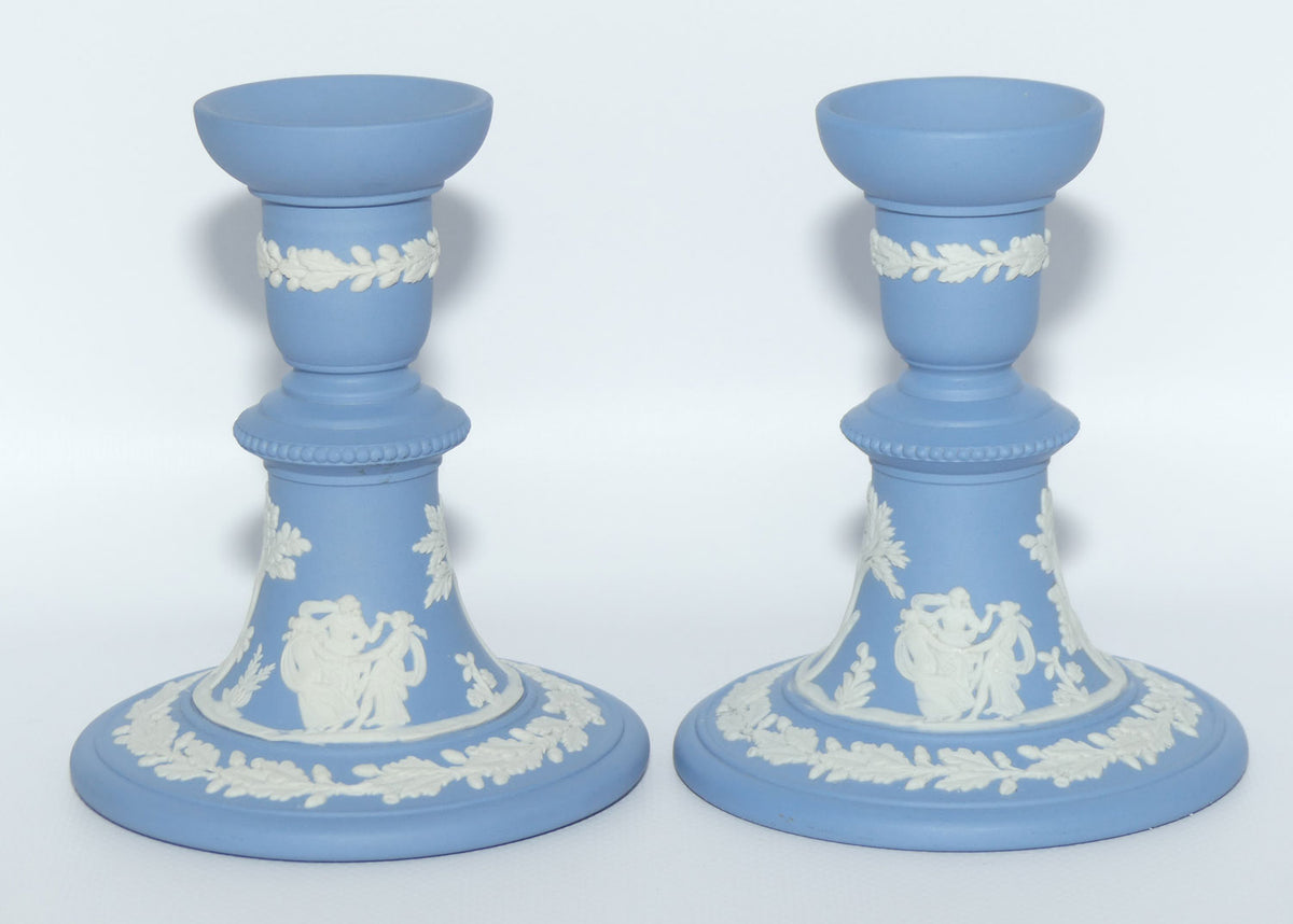 Wedgwood Jasper pair of candlesticks | White on Pale Blue | Grecian Maidens