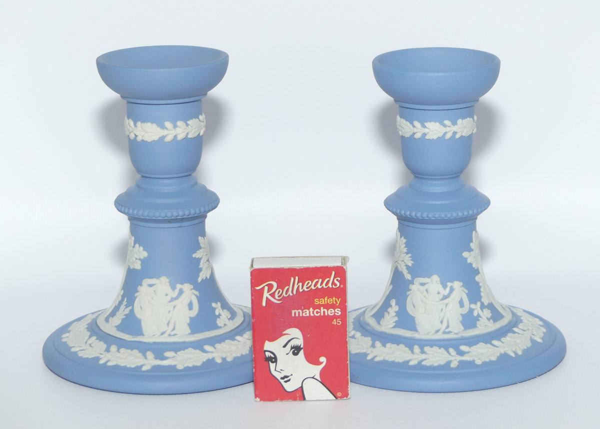 Wedgwood Jasper pair of candlesticks | White on Pale Blue | Grecian Maidens